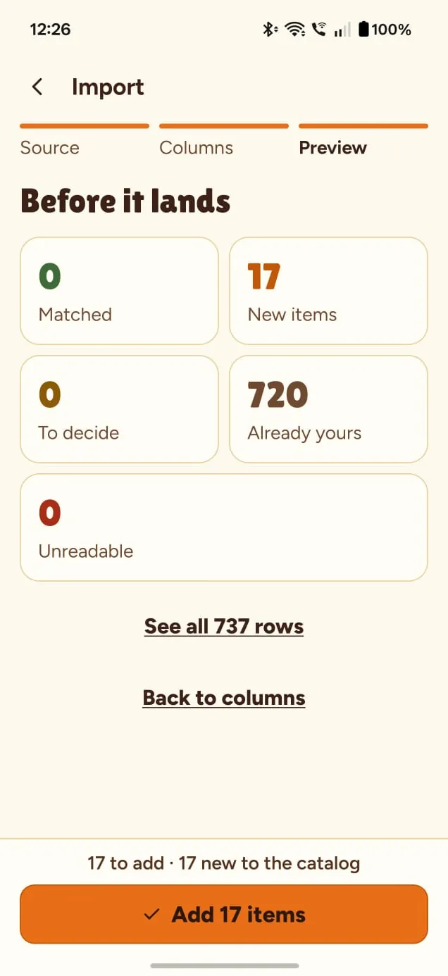 Import preview, Before it lands: rows sorted into matched, new, to decide, already yours and unreadable.