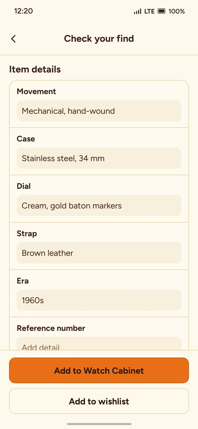 Check your find, further down: item details such as movement, case, dial and strap, with an empty field left to fill.