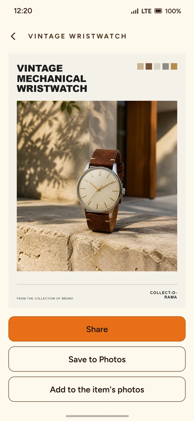 A share poster made from a vintage wristwatch, with Share and Save to Photos.