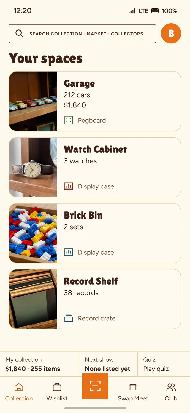 Your spaces: a Garage, a Watch Cabinet, a Brick Bin and a Record Shelf, each with its photo and count.