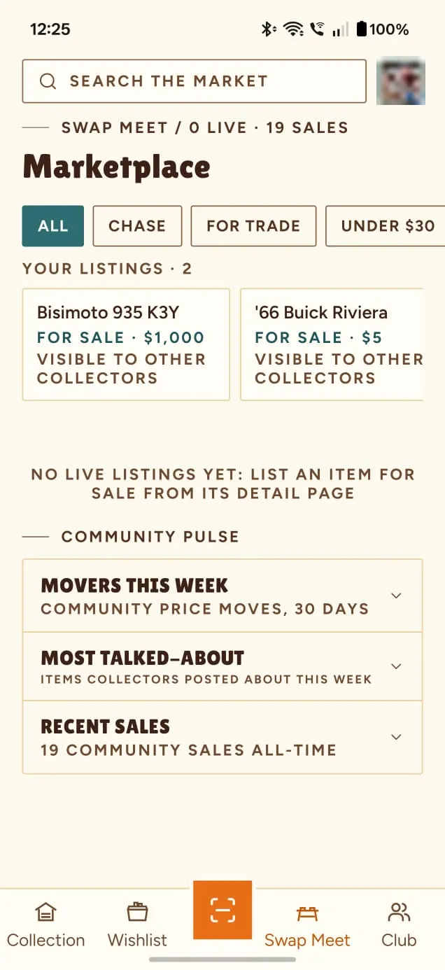 The Swap Meet marketplace, with your listings and the community pulse.