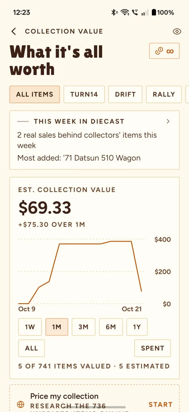What it's all worth: the estimated collection value with a chart and filters by drawer.